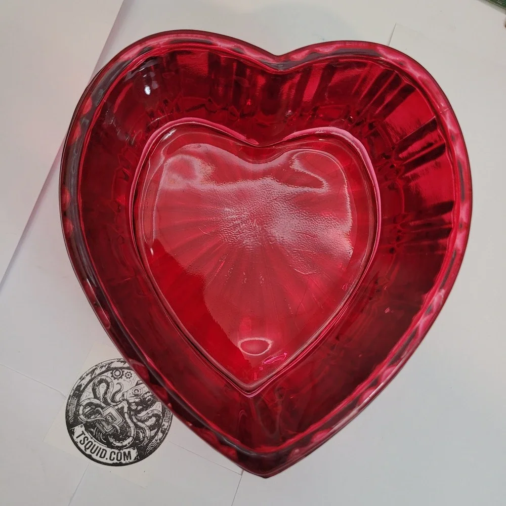 Vintage Heart Pressed Glass Dish Ruby Red Ribbed Sunburst Base Trinket Love 5.5